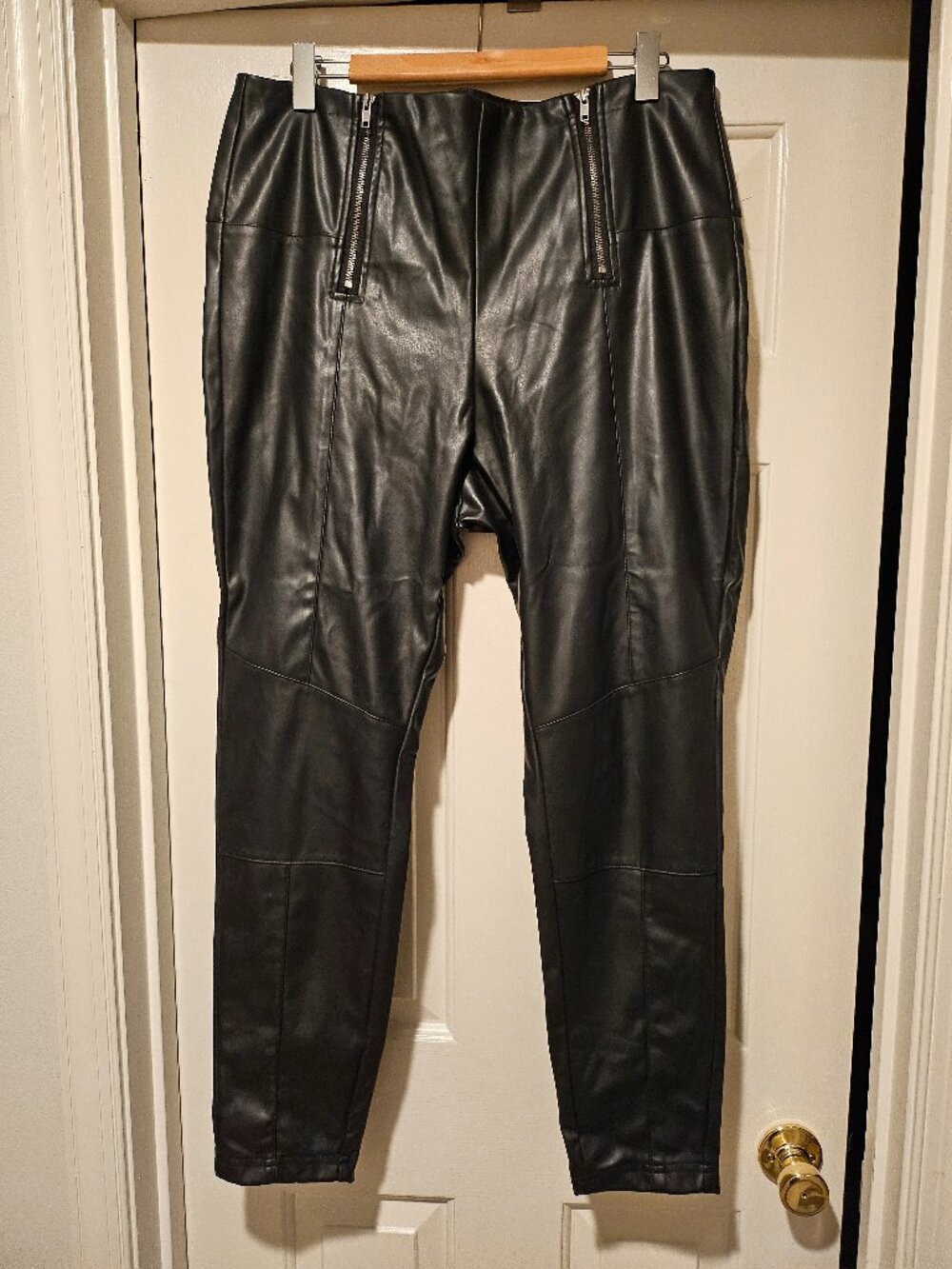 Black Faux Leather High-Rise Moto Skinny Pants with Front Zip Details